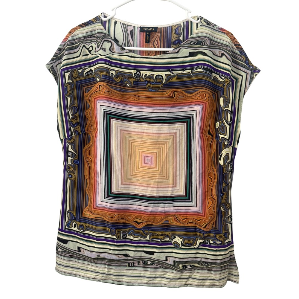 Escada Nesime 1002148 01 Silk Geometric Print Side Zip Blouse Top Size 42 Multi
